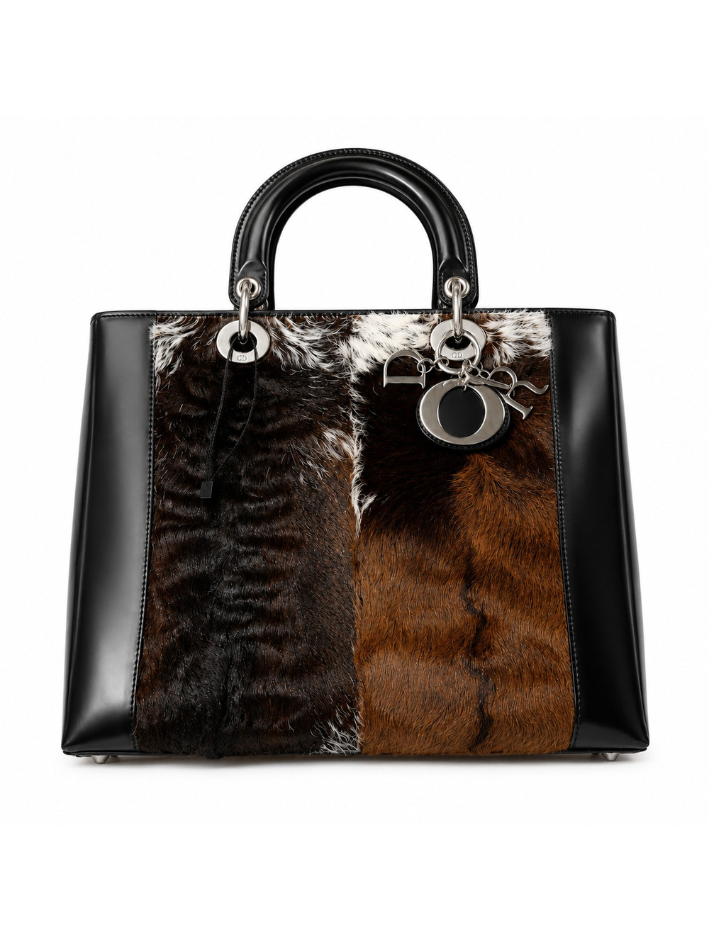 Patent Pony Hair Deer Print Large Lady Dior Black